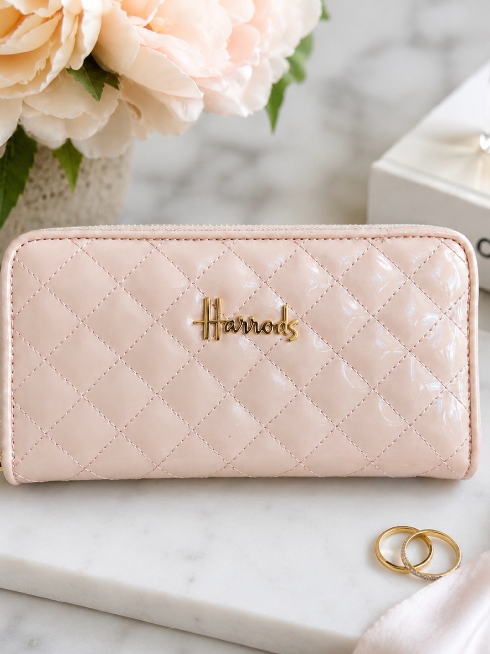 Harrods London Blush Pink Quilted Zip Around Wallet Gold Logo